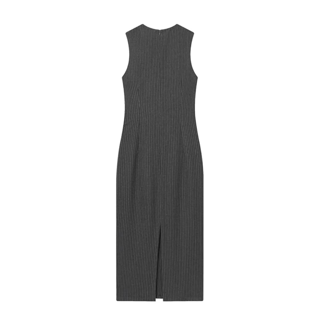 Vestido sin Mangas para Mujer, decoración de Hebilla de Moda, Vestidos Largos con Cuello de O Cuello Fruncido, Vestidos Midi Ajustados para Mujer