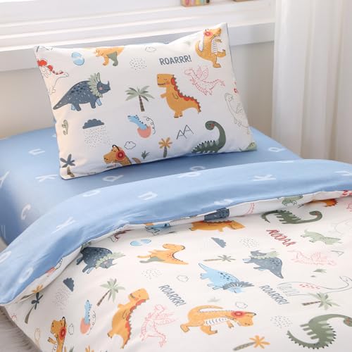 Image of Dinosaur Printed Crib Bedding 3-Piece Set, Soft Breathable Cotton Nursery Bedding Includes Quilted Comforter, Fitted Crib Sheet and Pillowcase for Baby Boys