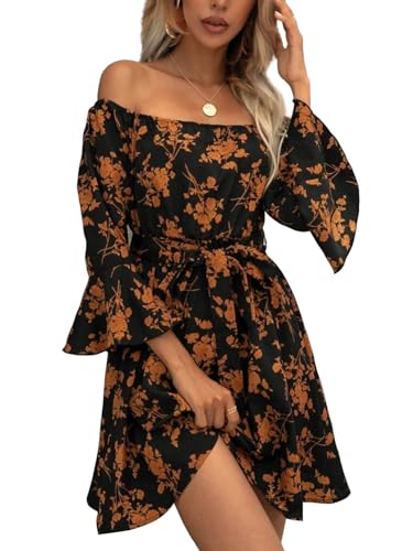 JECEIKA Womens Off Shoulder Dress Ruffle Floral Fall Wedding Guest Dresses 2025 A Line Tied Belted Short Skater Dress, Caramel, Medium