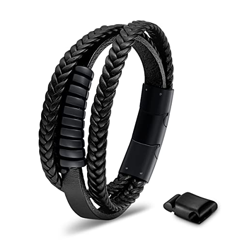LUCKY2+7 Leather Bracelet for Men with Adjustable Stainless Steel Magnetic Clasp Multi-Layer Braided Mens Genuine Leather Bracelet