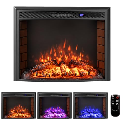 GOFLAME 26 Inch Electric Fireplace Insert with Curved Screen, 750W/1500W Recessed Fireplace Heater with 3-Color Dimmable Flame, 6H Timer, Overheat Protection, Adjustable Thermostat & Remote Control