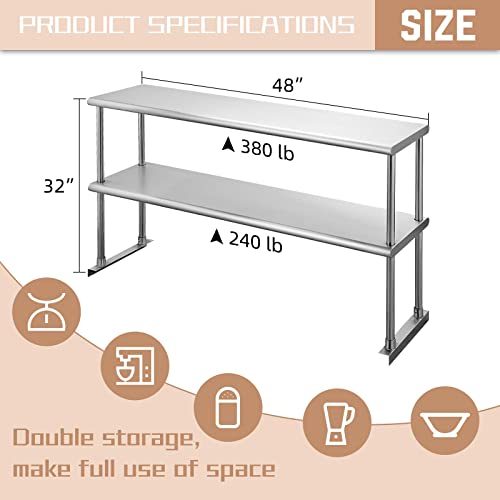 Hally Stainless Steel Table with Double Overshelf for Prep & Work 30 x 48 Inches, NSF Commercial Heavy Duty Table with Undershelf for Restaurant, Home and Hotel - Thumbnail 3
