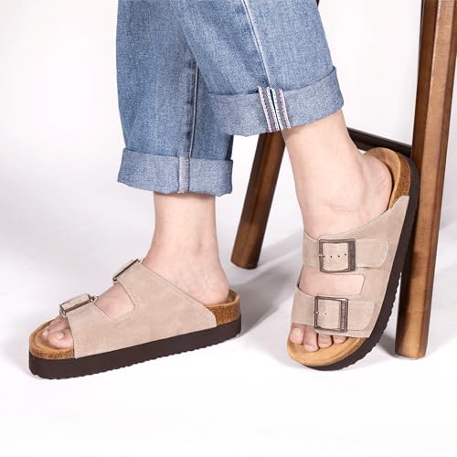 Image of Platform Sandals Women Suede Sandals Arch Support Summer Slides with Adjustable Buckle Open Toe