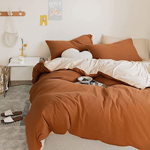 Jyhoney Burnt Orange Duvet Cover Set Queen Size Caramel Pumpkin Reversible Beige Bedding Set Modern Minimalist Style Rust Solid Color Duvet Covers Soft Microfiber Double Bed Comforter Covers,3Pcs #TOP1