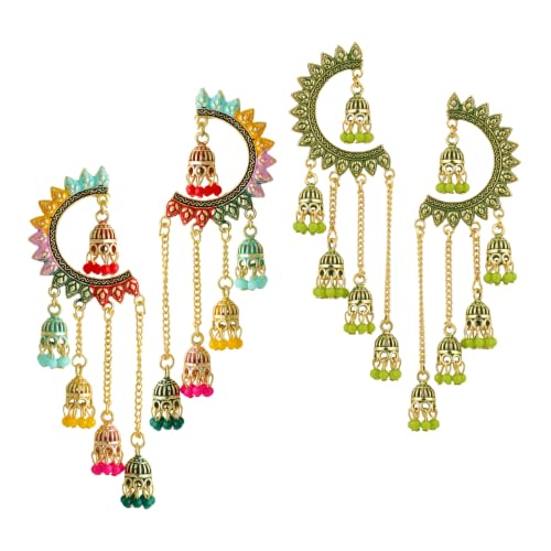 Image of WORLD CRAZE Multicolour long kashmiri jhumka for women chandbali earrings chand baliyan | kashmiri earrings for women | bahubali earrings stylish | Traditional Indian Festive Jewelry | Long Chain Tassels | Pearl Drop Latkan Jewellery (Multi colour)