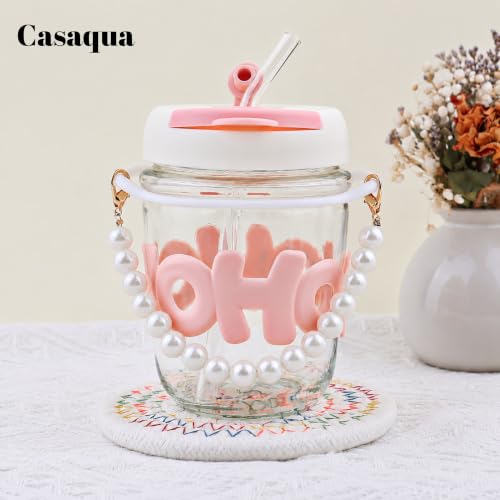 Image of Glass Tumbler with Lid & Straw - 350ml, Set of 1, Pearl Handle, Leakproof Drinking Cup, Silicone Sleeve, Reusable Iced Coffee Cup for Water, Juice, Milk, Bubble Tea & Gifts