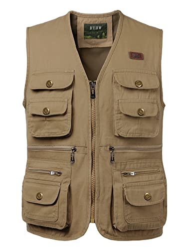KTWOLEN Gilets de Pêche pour Hommes Gilet de Travail Safari Gilet Photographie de Sport Multi-poches Gilet Veste Sans Manches de Voyage, Kaki, XXL