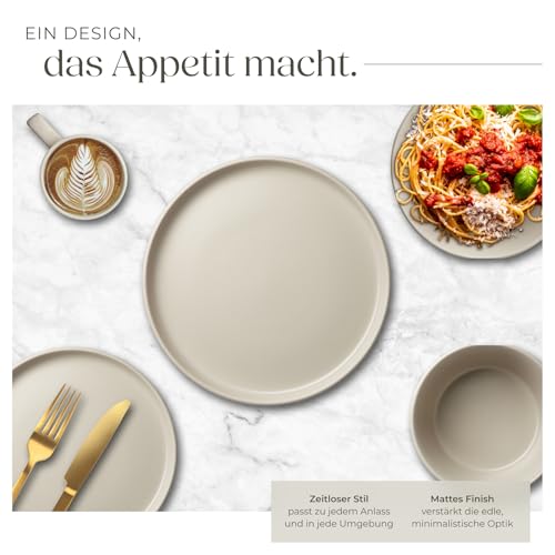 tectake® 30-tlg. Kombiservice, Geschirrset, Tafelservice 6 Personen, Steingut Geschirr Set, Teller Set mit Schalen, Kaffeetassen, Speiseteller, Frühstücksteller, tiefe Teller und Schüsseln - taupe
