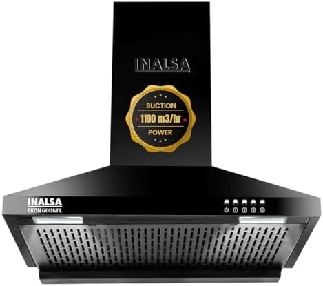 INALSA EKON 60cm 1100 m³/hr Pyramid Kitchen Chimney With Elegant Look|Push Button Control|Efficient Dual LED Lamps & Filterless|5 Year Warranty on Motor ( EKON 60BKFL, Black)