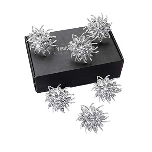 Napkin Rings Silver Set of 6 Lotus Flower Table Napkin Round for Wedding Christmas Luxury Serviette Buckles Holder for Birthday Party Festival Thanksgiving Dinner Dining Kitchen Decor with Gift Box