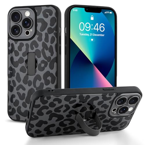 Jefonha Cute for iPhone 13 Pro Case with Strap Stand, Black Leopard