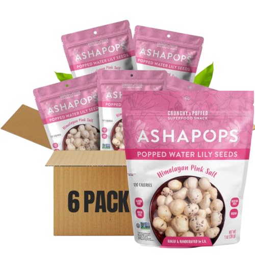 AshaPops Popped Water Lily Seeds, Himalayan Pink Salt, 1 oz Bags, Pack of 6