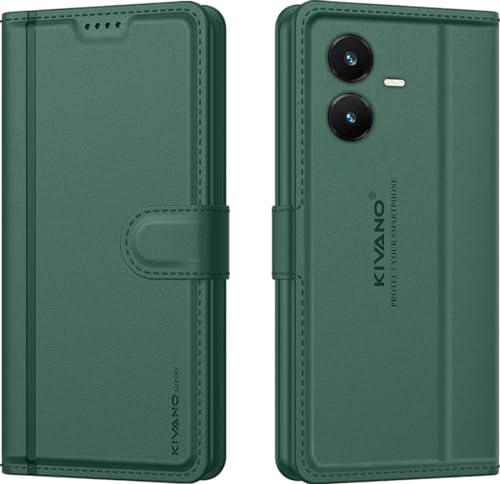 Image of KIVANO LUXE Compatible for Vivo Y22 Luxury Handmade Leather Magnetic Flip Folio Case | Card Holder & Kickstand | Slim Protective Cover | Unisex - Green
