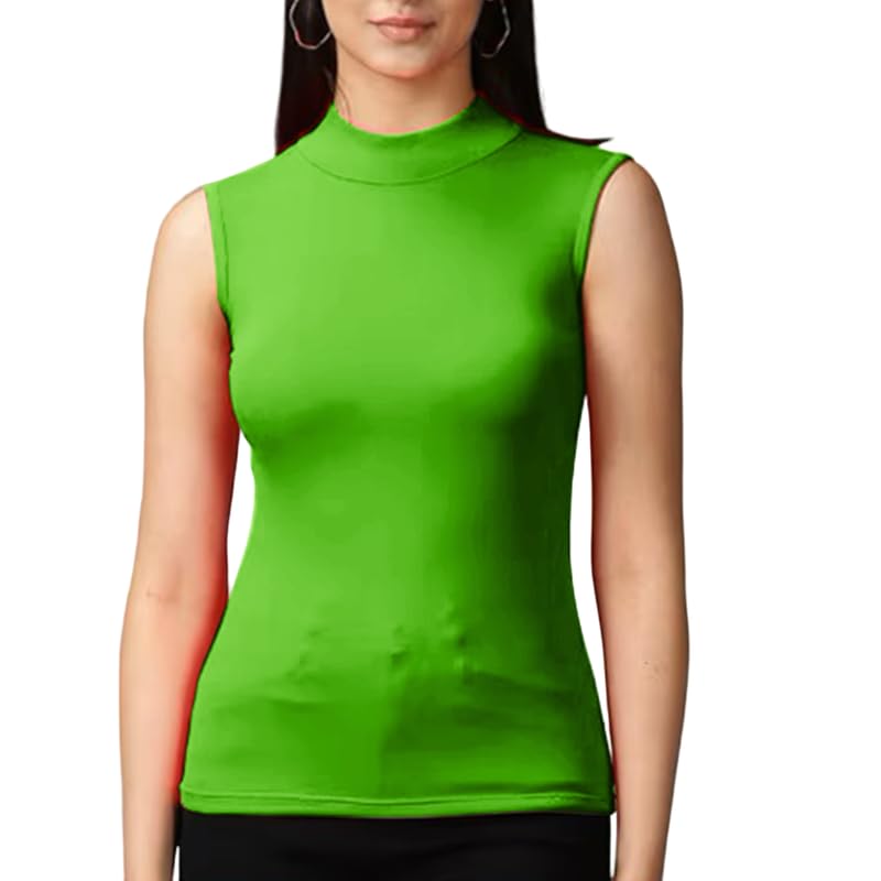 Polo elástico para mujer sin mangas y cuello de tortuga verde ideal para oficina o salidas casuales