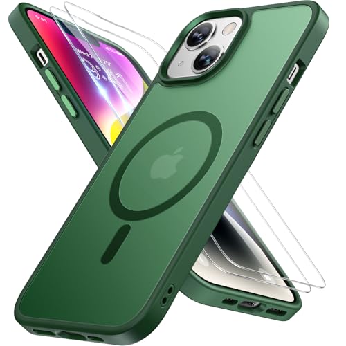 Image of Miracase Magnetic for iPhone 14 Plus Case 6.7 inch (Compatible with MagSafe)(with 2X Screen Protectors) Military-Grade Protection, Anti-Fingerprint Translucent Matte Phone Case Cover, Dark Green