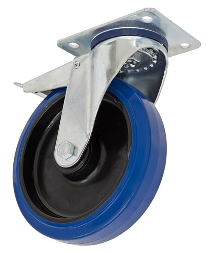 Ø200mm Heavy-Duty Blue Elastic Rubber Castor Wheel Swivel with Total Lock - Trade