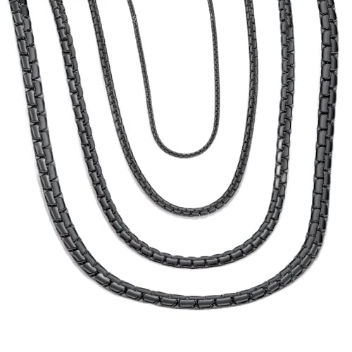ChainsHouse Flat Box Chain Necklace Men, 2/4/6/8mm Round Link Chain Necklaces, Stainless Steel/Black/14K Gold Plated Mens Jewelry, 14"-30" Length, Come Gift Box 22 Inches B-4mm-black