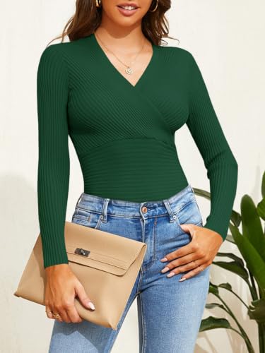 Image of Fangetey Womens Deep V Neck Sexy Wrap Sweater Long Sleeve Slim-Fitted Knitted Jumper Top