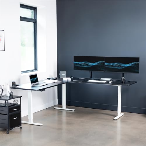 Image of VIVO Black 83 x 83 in Corner Standing Desk, DESK-KIT-E3CW83B | Electric, Triple Motor, Holds 264 lbs, Sit Stand L-Shaped Table, Height Adjustable, Memory Presets, E3C Series, White Frame
