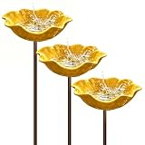 Handgefertigter Blumen-Gartenstecker Aus Metall, Doppelfunktions-Metallblumen-Vogeltränke Und Bestäuber-Wasserstation, Rote Vogelbadschale for Hof, Rasen, Terrasse, Landschaftsdekoration(Yellow,3pcs)