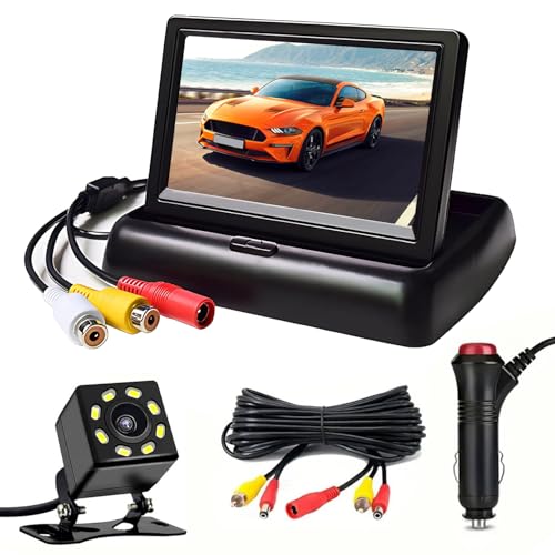Stynxro 4.3インチ バックカメラモニターセット 折りたたみ式車載モニター HD バックモニターカメラセット 8つのLEDライト 140°広角 IP67防水 パーキングアシストシステム搭載 乗用車/トラック/ピックアップトラック/SUVなど、あらゆる車両に対応 6m延長ケーブル付 12V対応 取り付け簡単