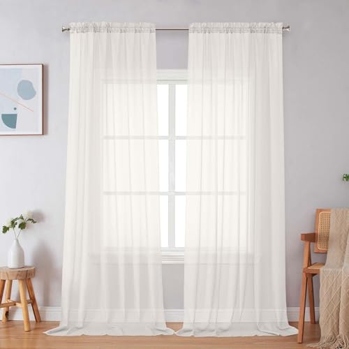 Image of Simplebrand Ivory Sheer Curtains 96 Inches Long, Light Filtering Rod Pocket Solid Color Window Sheer Curtain Panels, Elegant Curtains & Drapes for Living Room, Bedroom 2 Panels (Ivory, 59 inch W x 96 inch L)