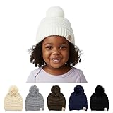 H-6847-25 Girls Winter Hat Warm Knit Slouchy Toddler Kids Pom Beanie - Ivory