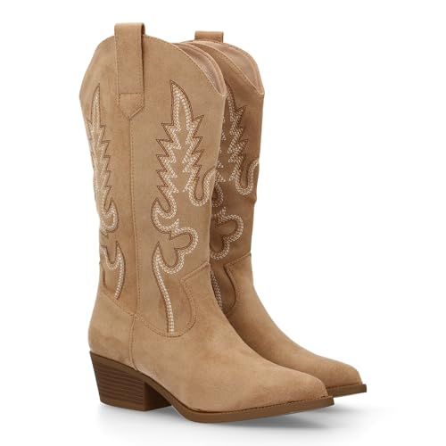 94598 Botas de Mujer Estilo Cowboy, Tacon bajo, comodas y Elegantes. Diseno de Cana 32 cm Bordada...