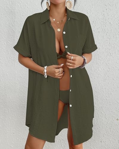 Image of Bsubseach Women Swimsuit Coverup Shirt Dress Button Down Bathing Suit Cover Up Beach Vacation Outfits