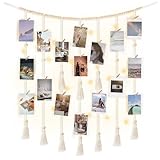 Mkono Macrame Hanging Photo Display Wall Decor with String Lights Boho Room Bedroom Wooden Beads Garland Picture Holder with 30 Clips