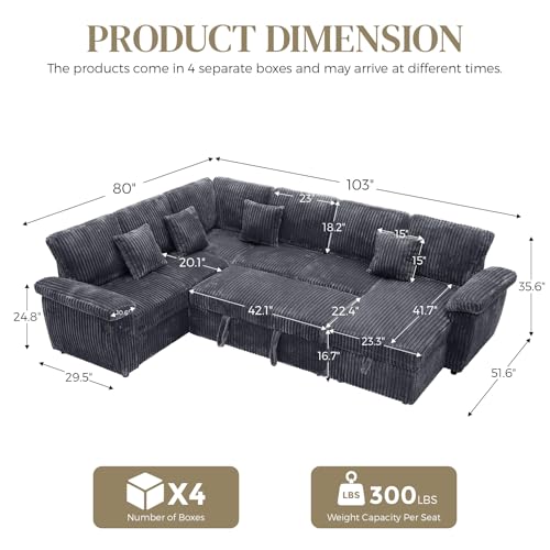 Image of Sectional Sleeper Sofa, Fluffy Soft Corduroy Couch with Pull Out Bed and Storage Chaise, Modern Comfy U Shaped Couch with USB Charger for Living Room Apartment Small Spaces, Dark Grey