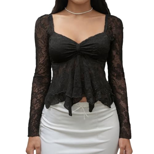 Women Y2k Sweetheart Neck See Through Lace Peplum T Shirt Long Sleeve Mesh Ruffle Hem Layered Babydoll Crop Top