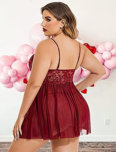 Image of Plus Size Lingerie Lace Babydoll Womens Strap Chemise Nightgown V Neck Nighty Mesh Sleepwear Side Slit Nightdress with G-Sting Panty