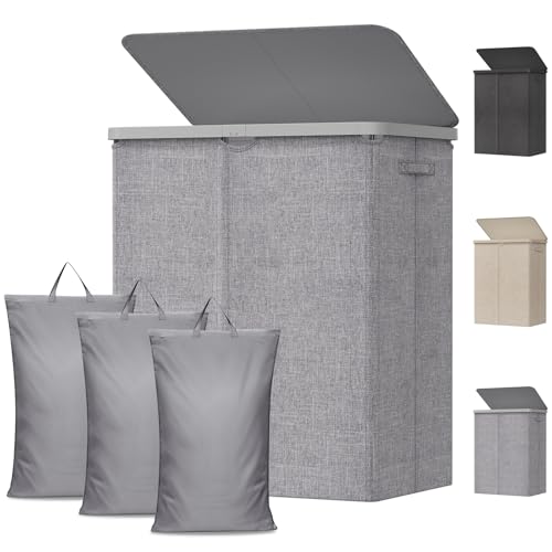 Lifewit 3 Fächer Wäschekorb mit Deckel, 165L Wäschesammler mit Kunststoffrahmen,