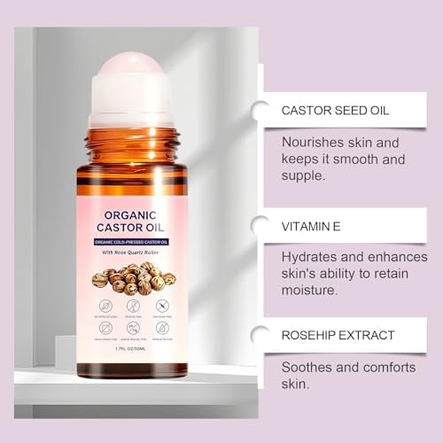 Organic Castor Oil, 50ml Pure Organic Cold-Pressed Castor Essential Oil Roller Ball for Skin Nourish, Suitable for All Skin Types (2 PCS)