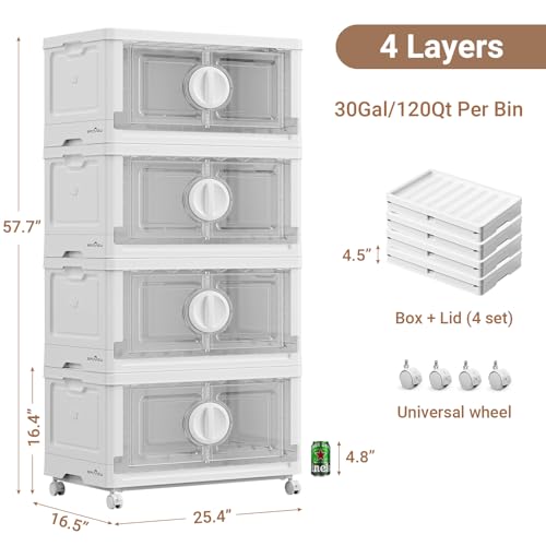 Image of BROVIEW 480Qt Lockable Stackable Storage Bins with Lids, Closet Organizers and Storage Drawer, Collapsible Storage Bin with Wheels, Plastic Cabinet for Toy Clothes Dorm Organizer, V9 4 Pack White