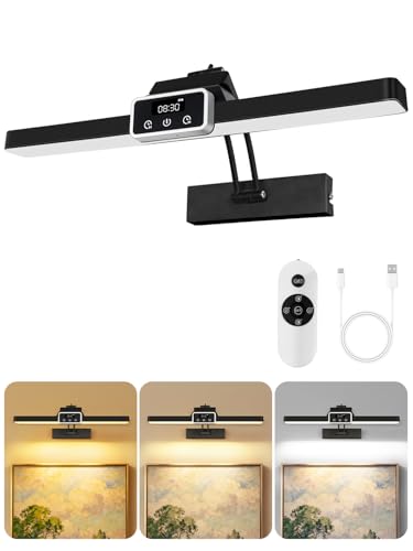 OUTON Rechargeable Picture Light with Remote & Touch, 15.7 Magnetic, Battery Operated, 3 Color Temperatures Dimmable, Clock, Timer, Memory, Power Indicator, Wireless Art Light for Wall, Black