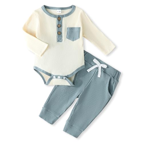 Image of EVERGIFTKIDS Newborn Baby Boy Clothes Ribbed Knit Cotton Long-Sleeved Romper Long Pants Splicing Color Fall Winter Outfits