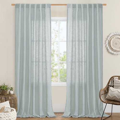 LAMIT Linen Curtains 108 Inches Long for Living Room, Back Tab and Rod Pocket Linen Textured Sheer Curtains Light Filtering Curtains for Boho Farmhouse, 2 Panels, 52 x 108 Inch, Greyish Blue