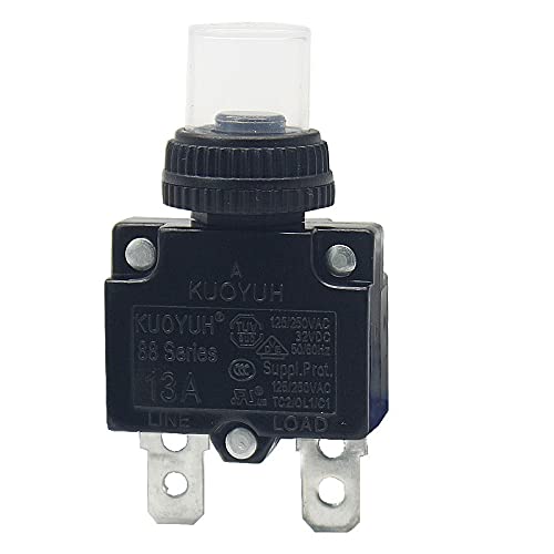 KUOYUH USA 13 Amp 88 Series Quick Connect Terminals Push-to-Reset Thermal Circuit Breaker with Transparent Waterproof Button Dust Cover (1-Pack)