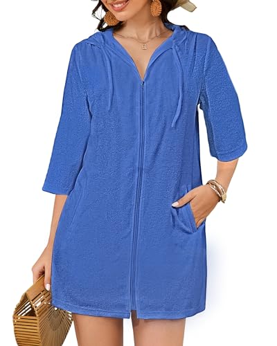 Bsubseach Terry Cloth Swim Coverup - Women Long Sleeve Hooded Swimsuit Coverup Zipper Beach Coverups Robes with Pockets Blue L