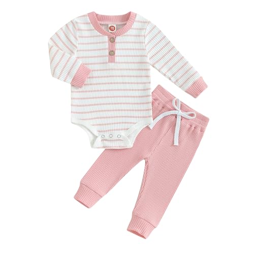 Image of Newborn Baby Boy Girl Clothes Ribbed Knitted Long Sleeve Romper Pants Solid Cotton Infant Fall Winter Outfits 2Pcs