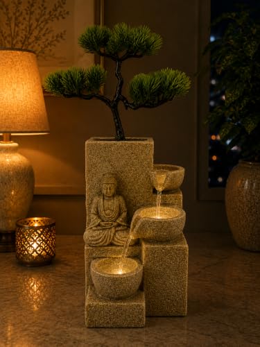 Image of eCraftIndia Buddha Bonsai Tabletop Water Fountain for Home Decor, Indoor Cascading Waterfall Fountain with Buddha Statue & Decorative Tree, Living Room, Bedroom, Office & Meditation Decor
