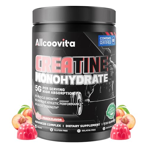 Image of Allcoovita Creatine Monohydrate Gummies for Men & Women. Boost Focus,Strength, and Endurance, Anti-Melting Formula, Vegan, Gluten-Free, Non-GMO,(Peach 135 ct)