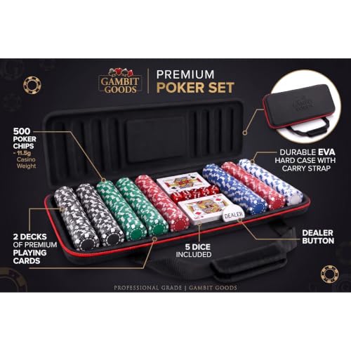 Image of Adult Casino Style 500 Chips /Pcs Poker Chips Set with A Unbreakable Aluminum Finish Case, 2 Decks of Card Game, 5 Dice, 1 Dealer Button for Kids(Classic Multiplayer Game)