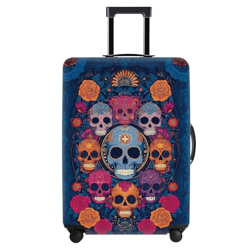 Image of Sugar Skull Luggage Cover - Colorful Floral Day of the Dead Suitcase Protector - Stretch Travel Case Cover for 32-34 Inch Luggage,XL
