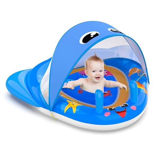 Baby Floats With Canopy Baby Swimming Float - Stable Dual Air Chamber Adjustable Sun Shade for Beach Vacation Summer Travel - Blue 47.24×39.37inch