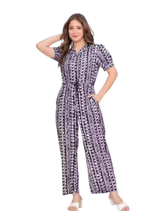 Women's Printed Jumpsuit, Rayon, Belted Waist (IN, Alpha, M, Petite, BLUE)-picture-17