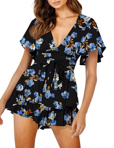 AIMCOO Women's Short Sleeves V-Neck Romper Double Layer Ruffle Hem