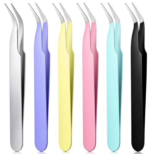 6 Pcs Stickers Tweezers Curved Craft Tweezers Multipurpose Anti-Static Crafting Tweezer for Diamond Art Rhinestone Scrapbooking Jewelry Making Lash Extension